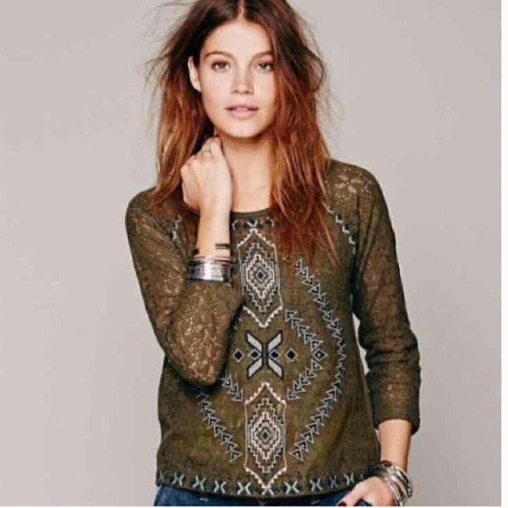 Free People Changing Directions Embroidered Lace Boho Aztec Victorian Top